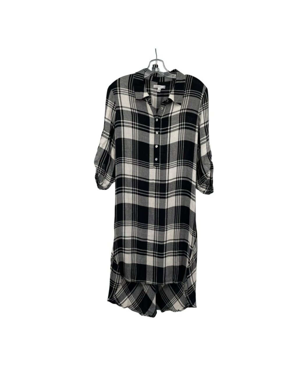 FEVER Plaid Hi Low Dress Pullover Collared 3/4 Sleeve Black/White Size Large